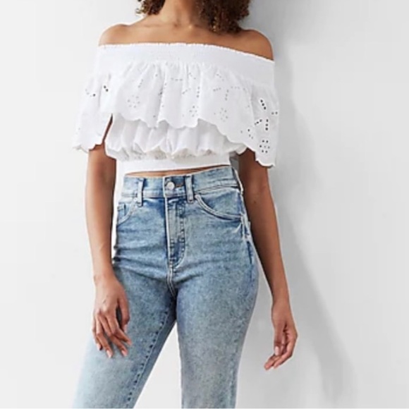 Express 💙 Eyelet Overlay Off The Shoulder Top - Picture 4 of 8